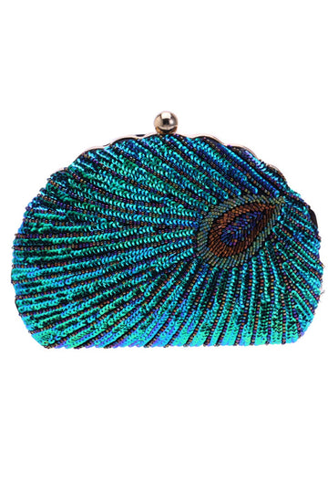 Peacock Green Beaded Shell Shaped Clutch